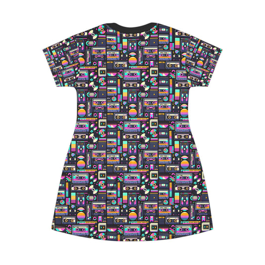 Digital Nostalgia Tech-Inspired Retro Fusion T-Shirt Dress - 8404 Design-48