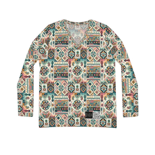 Digital Artisanal Fusion Digital Artisanal Women's Long Sleeve V-Neck Shirt - 8404 Design-49