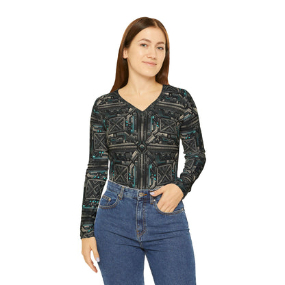 Tech Noir Futuristic Tech Aesthetic with a Dark Twist Women's Long Sleeve V-neck Shirt - 8404 Design-59
