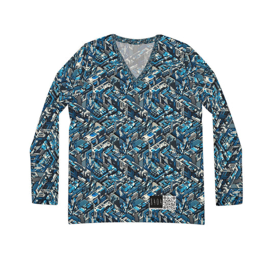 Tech Urban Camo Tech-Forward Streetwear With a Futuristic Military Edge Women's Long Sleeve V-Neck Shirt - 8404 Design-51