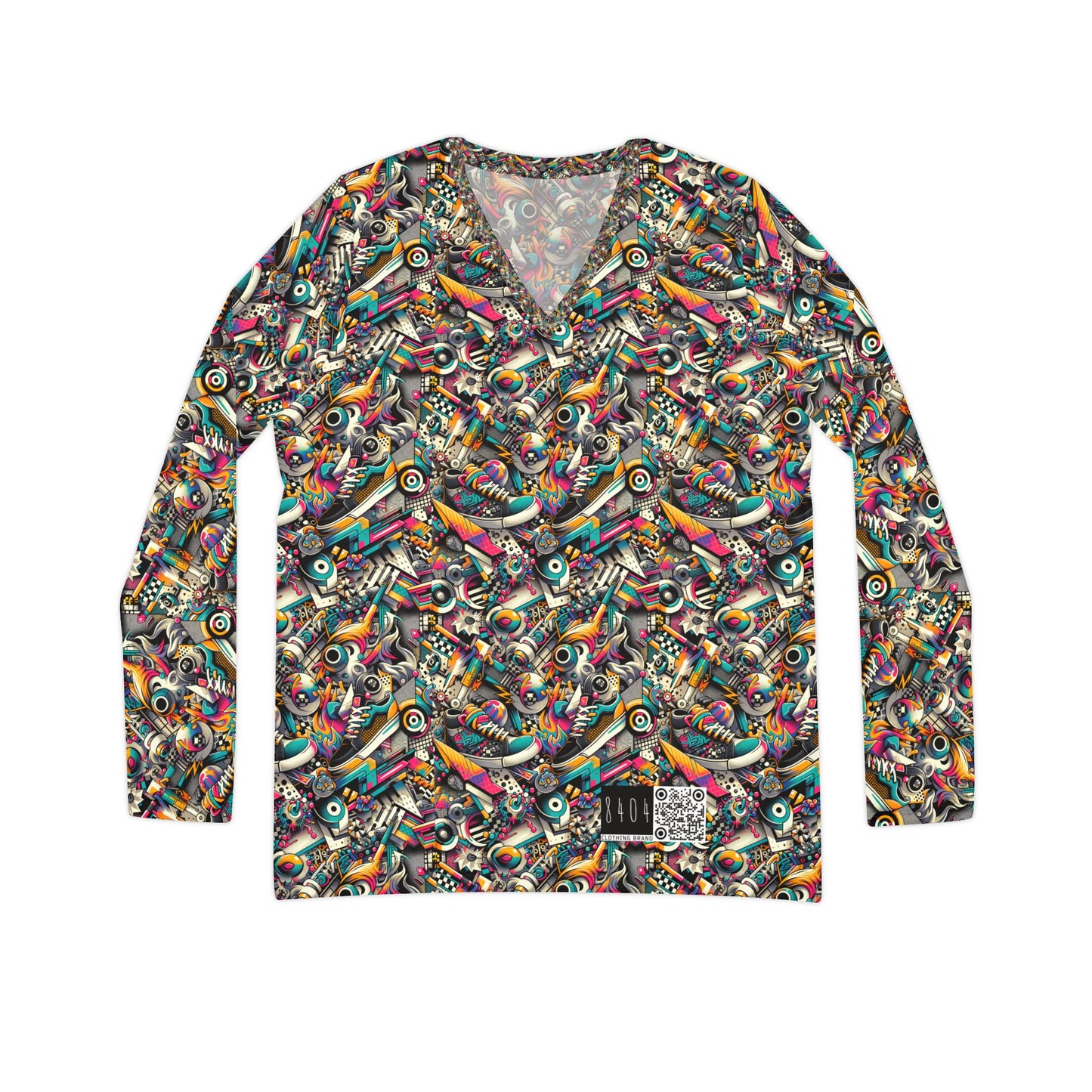Urban Graffiti Fusion Eclectic Street Art Meets Modern Tech Culture Women's Long Sleeve V-Neck Shirt - 8404 Design-55