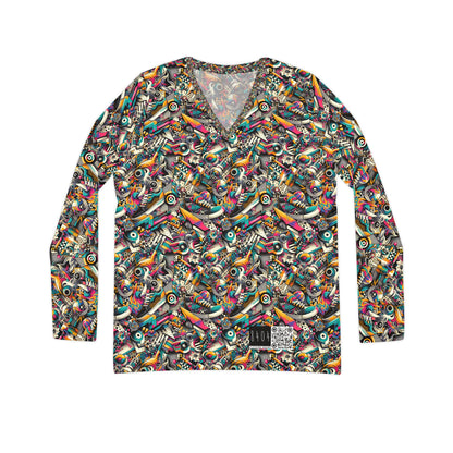 Urban Graffiti Fusion Eclectic Street Art Meets Modern Tech Culture Women's Long Sleeve V-Neck Shirt - 8404 Design-55