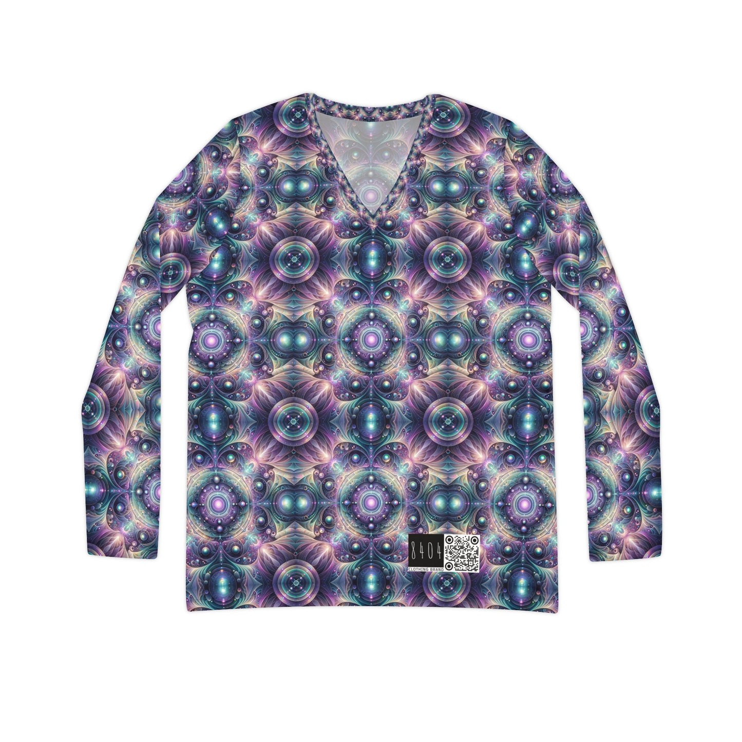 Iridescent Tech Fusion Tech-Forward Streetwear Women's Long Sleeve V-Neck Shirt - 8404 Design-61