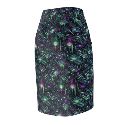 Tech Noir Aesthetics Tech-Forward Urban Dystopia Women's Pencil Skirt - 8404 Design-43
