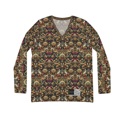 Digital Renaissance Luxurious Streetwear Inspired By Classical Art With a Modern Twist Women's Long Sleeve V-Neck Shirt - 8404 Design-76