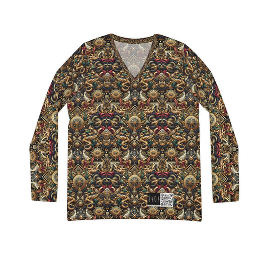 Digital Renaissance Luxurious Streetwear Inspired By Classical Art With a Modern Twist Women's Long Sleeve V-Neck Shirt - 8404 Design-76