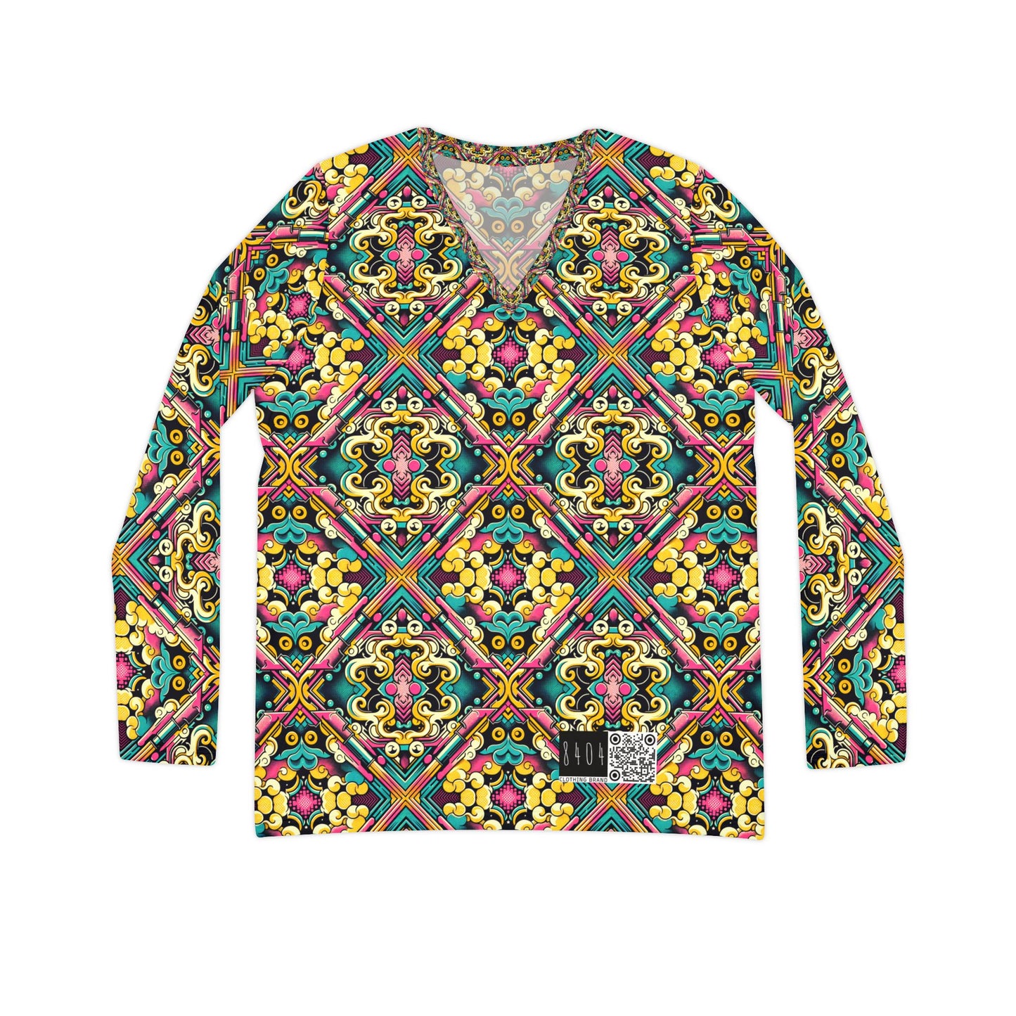 Neon Pop Art Revival Pop Culture Retro Women's Long Sleeve V-Neck Shirt - 8404 Design-59