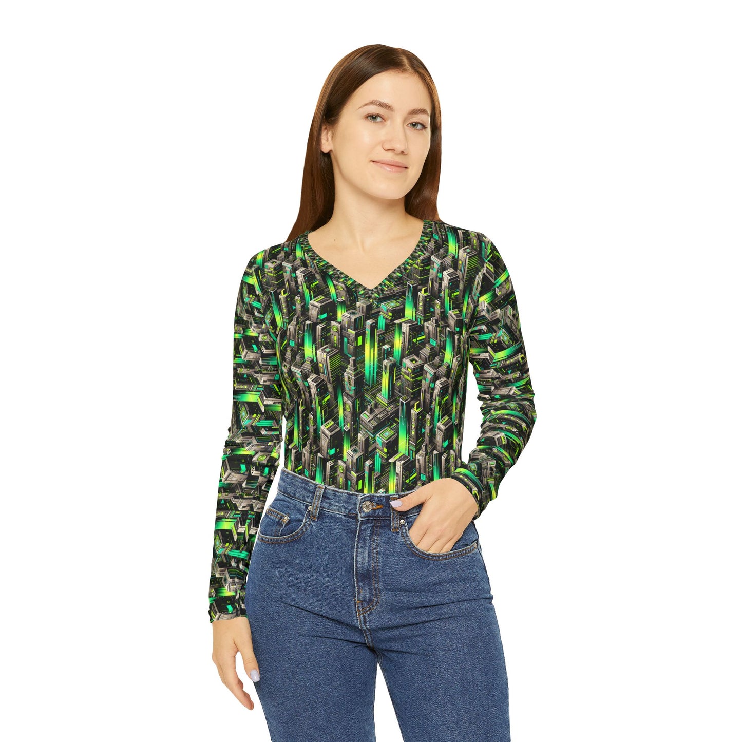 Digital Rebellion Tech-Forward Streetwear Women's Long Sleeve V-Neck Shirt - 8404 Design-63