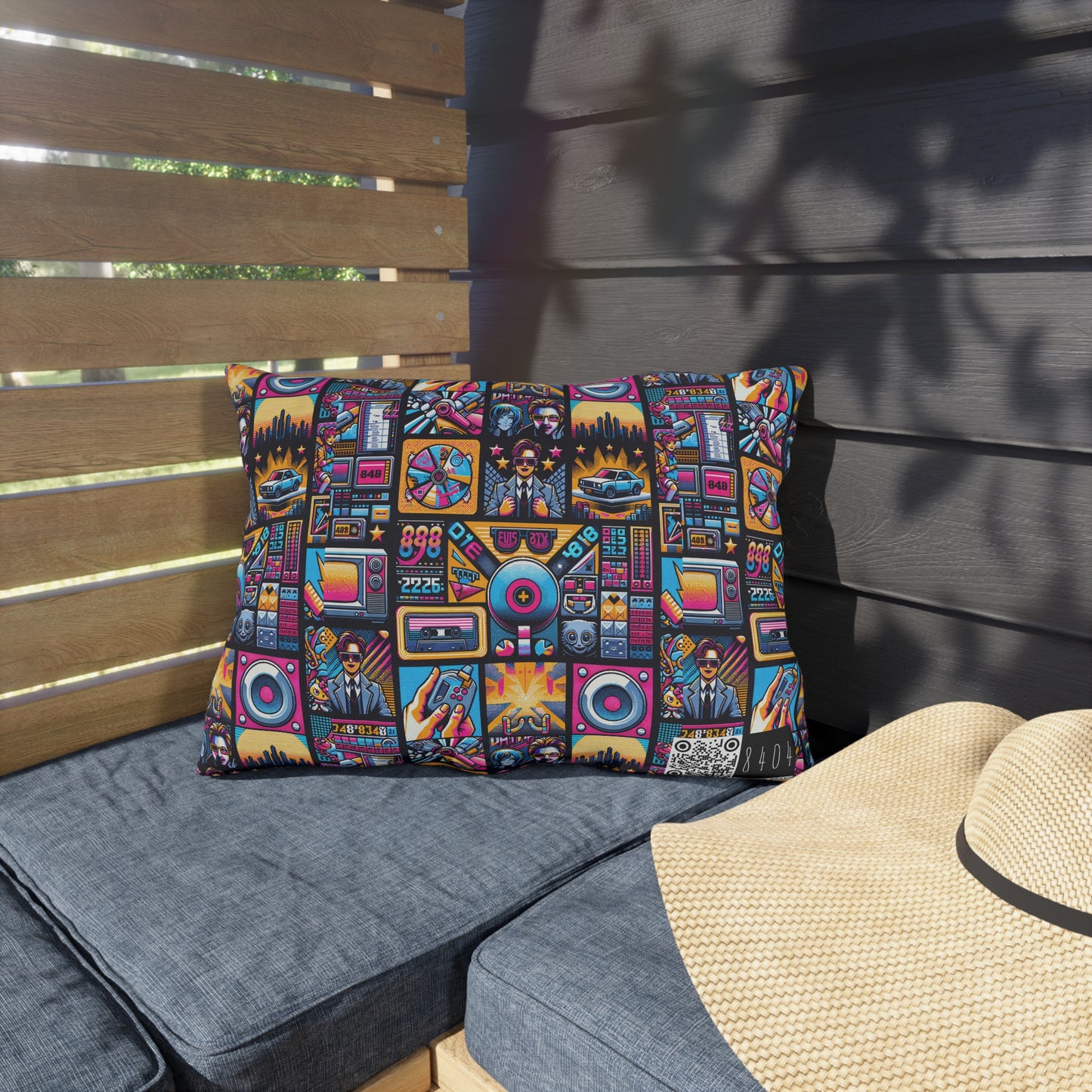Digital Pop Culture Mashup Maximalist Pop Outdoor Pillow - 8404 Design-52