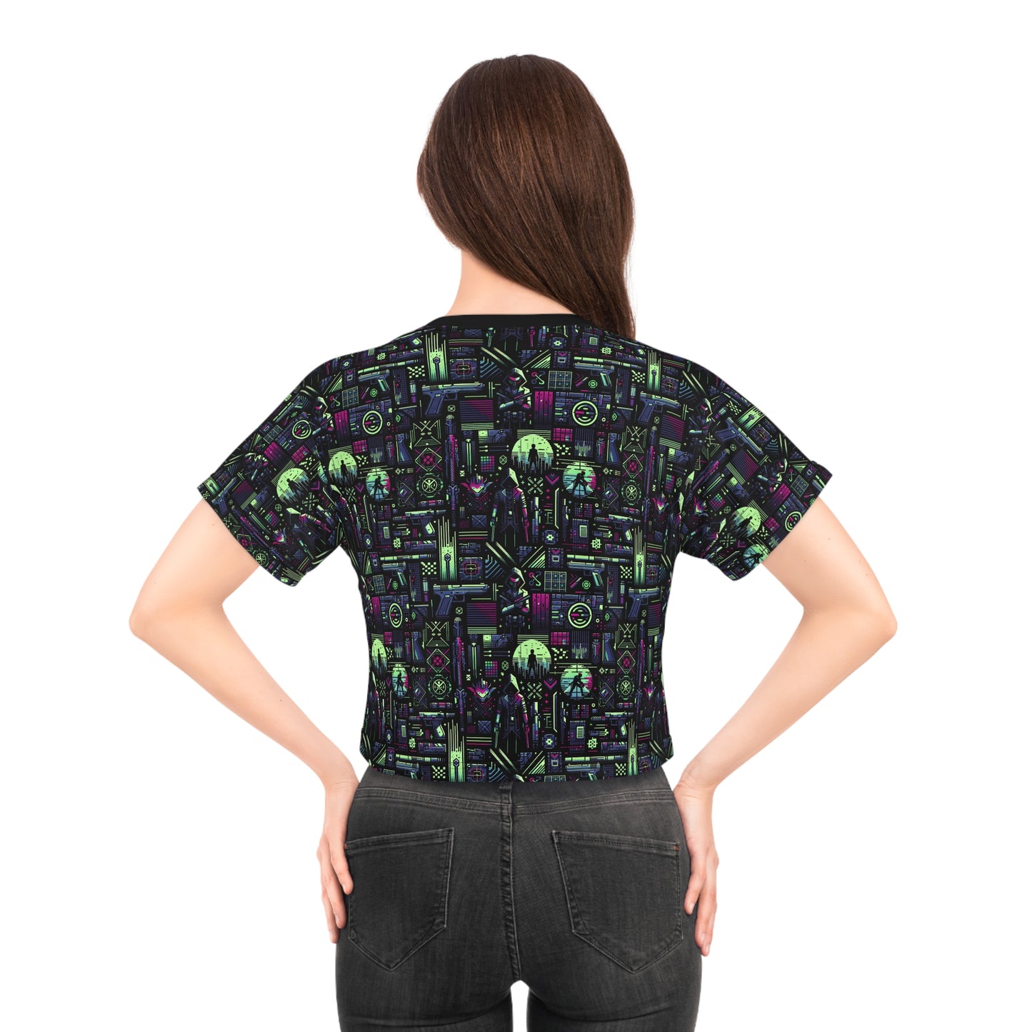 Tech Noir Futuristic Cyberpunk Crop Tee - 8404 Design-63