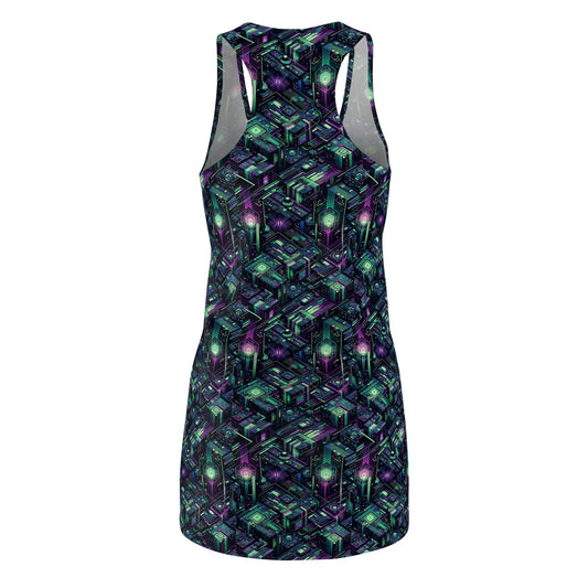 Tech Noir Aesthetics Tech-Forward Urban Dystopia Women's Cut & Sew Racerback Dress - 8404 Design-43
