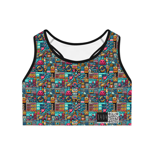 Digital Pop Culture Mashup Maximalist Pop Sports Bra - 8404 Design-47