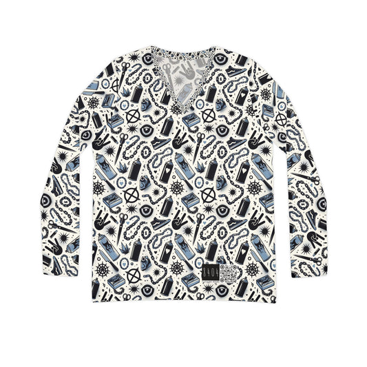 Cultural Rebellion Graphics Edgy and Rebellious With a Hint of Nostalgia Women's Long Sleeve V-Neck Shirt - 8404 Design-57