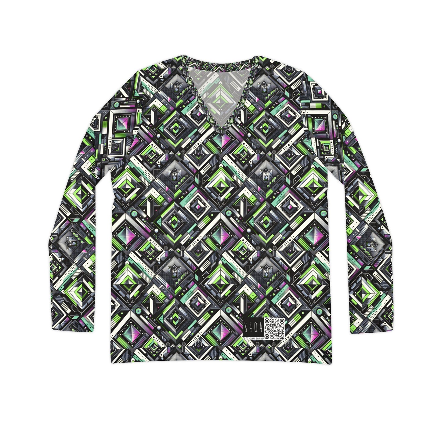 Retro Futurism Graphics Tech-Forward Streetwear Women's Long Sleeve V-Neck Shirt - 8404 Design-48