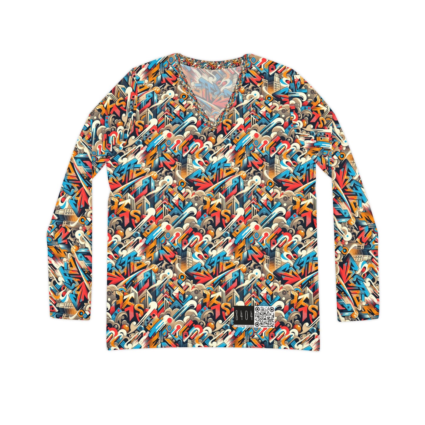 Neo-Traditional Street Art Modern Street Art Fusion Women's Long Sleeve V-Neck Shirt - 8404 Design-44