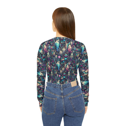 Digital Renaissance Tech-Forward Maximalism Women's Long Sleeve V-Neck Shirt - 8404 Design-56