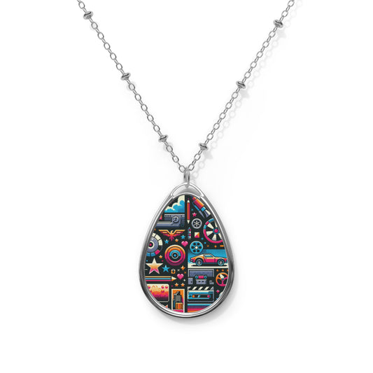 Digital Pop Culture Mashup Maximalist Pop Oval Necklace - 8404 Design-71