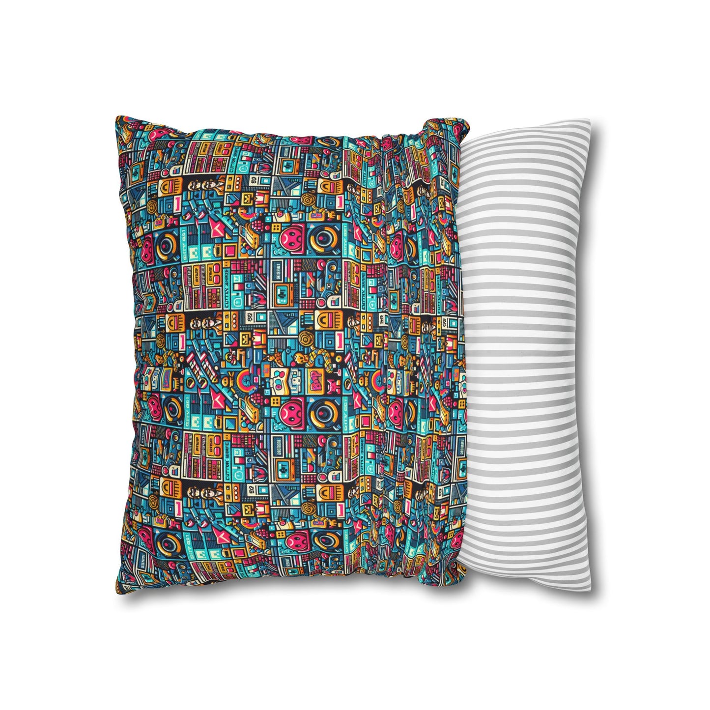 Digital Pop Culture Mashup Maximalist Pop Spun Polyester Square Pillowcase - 8404 Design-47