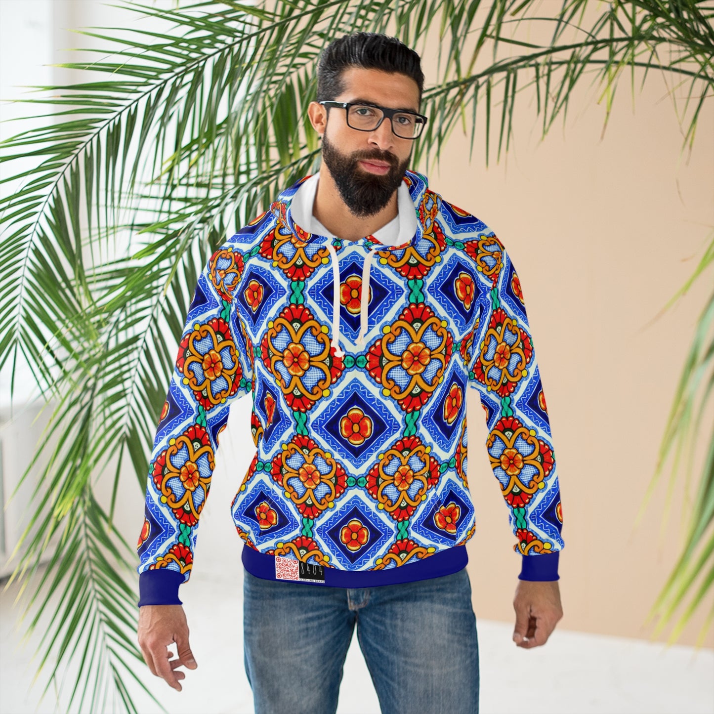 8404 Unisex Adult's "Elegant Retro Mosaic" Fashion Pullover Hoodie in Blue