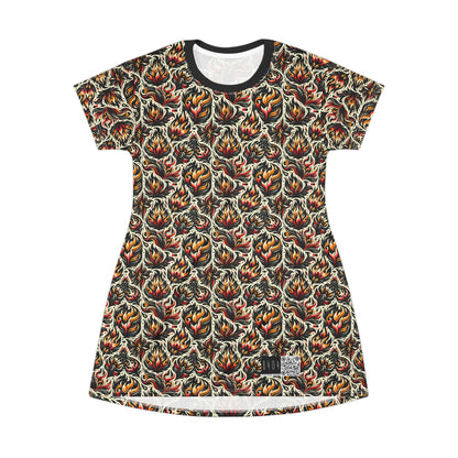 Fire & Flames Bold Streetwear Statement T-Shirt Dress - 8404 Design-57