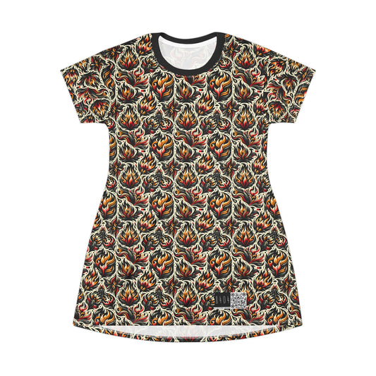 Fire & Flames Bold Streetwear Statement T-Shirt Dress - 8404 Design-57