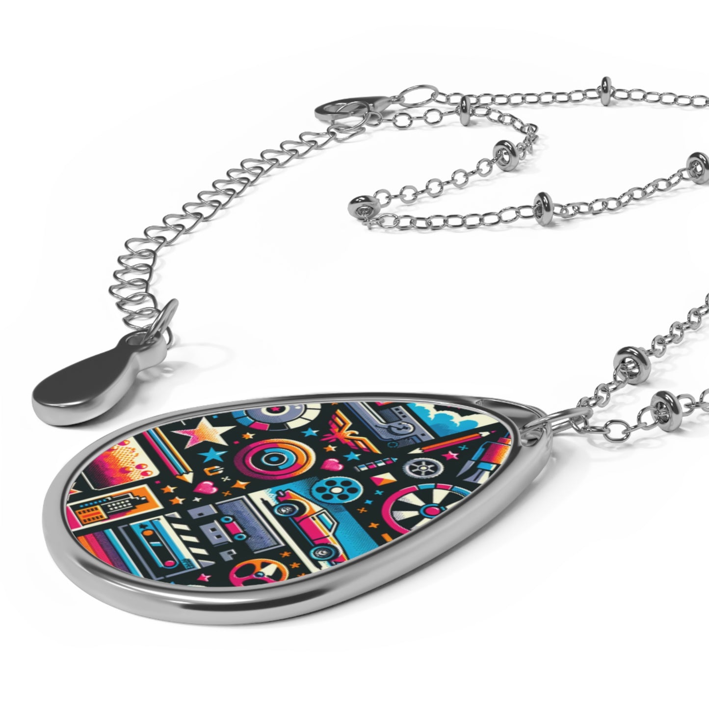 Digital Pop Culture Mashup Maximalist Pop Oval Necklace - 8404 Design-71