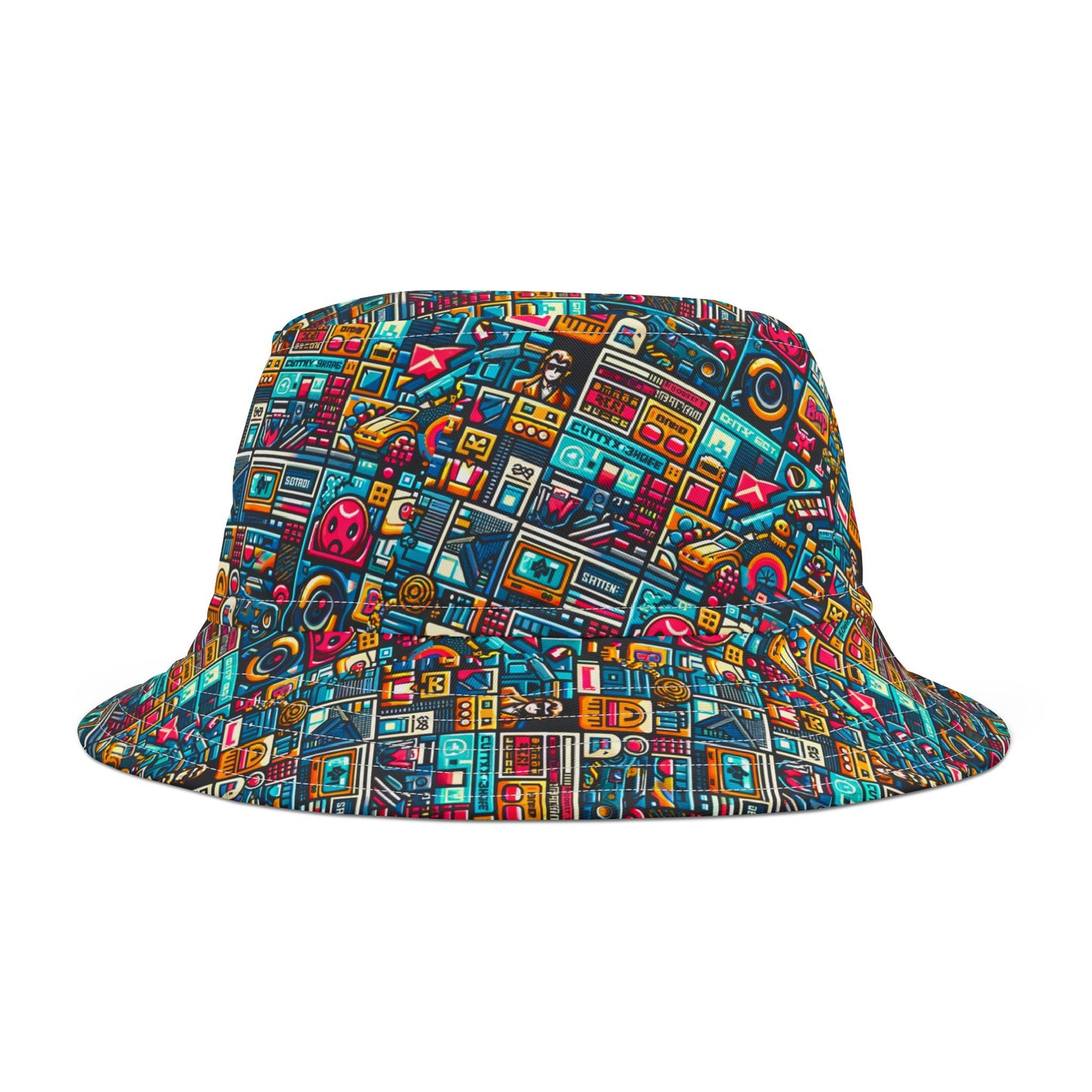 Digital Pop Culture Mashup Maximalist Pop Bucket Hat - 8404 Design-47