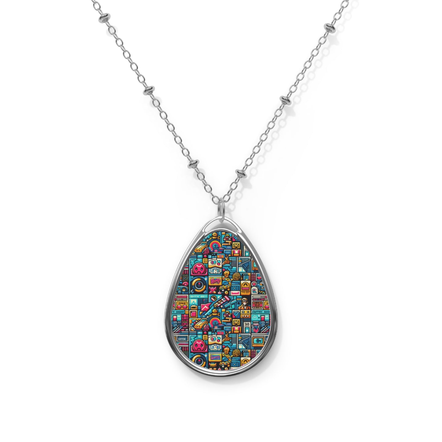 Digital Pop Culture Mashup Maximalist Pop Oval Necklace - 8404 Design-47