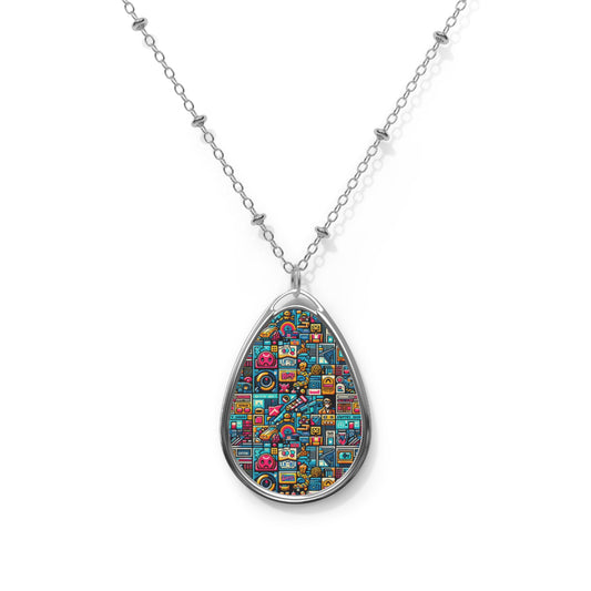 Digital Pop Culture Mashup Maximalist Pop Oval Necklace - 8404 Design-47