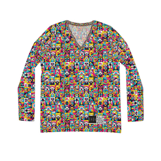 Neon Pop Playful Pop Culture Mashup Women's Long Sleeve V-Neck Shirt - 8404 Design-60