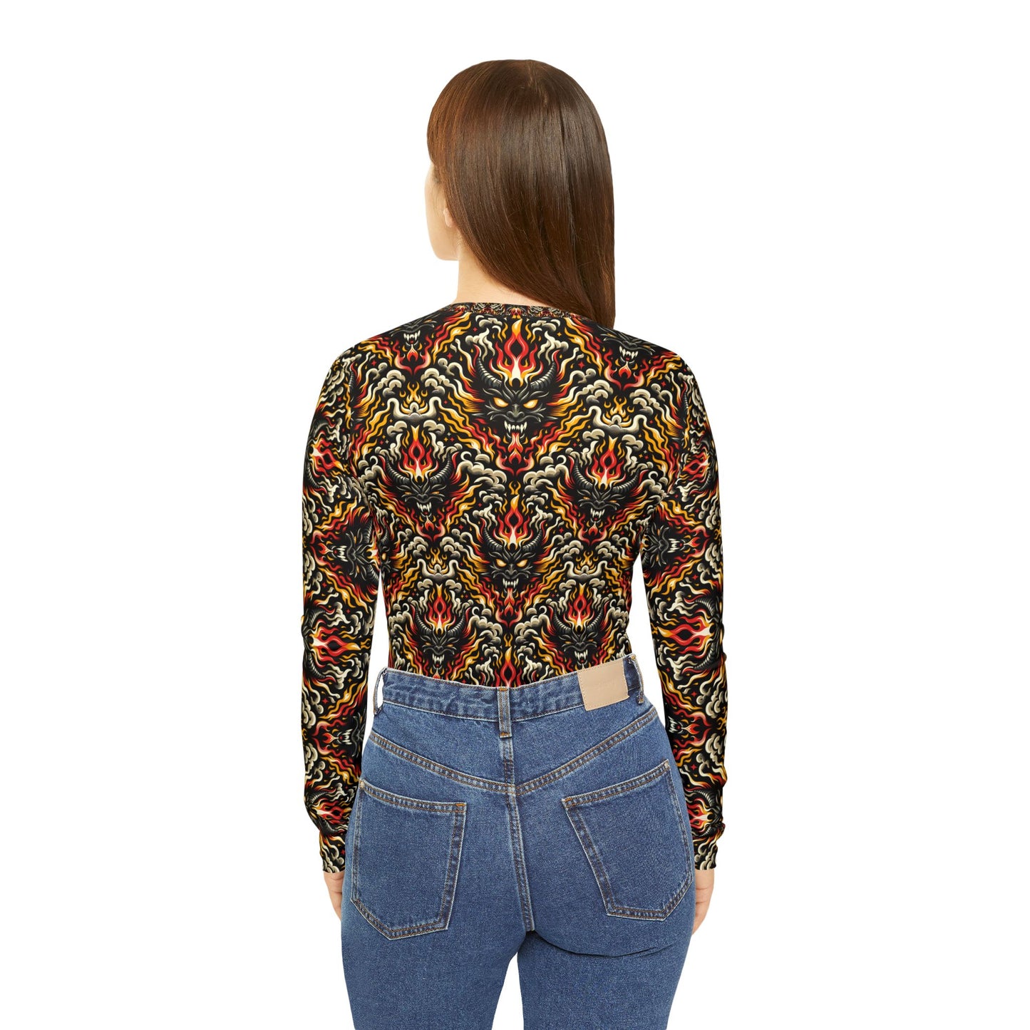 Flame Graphics Maximalist Streetwear Women's Long Sleeve V-Neck Shirt - 8404 Design-59