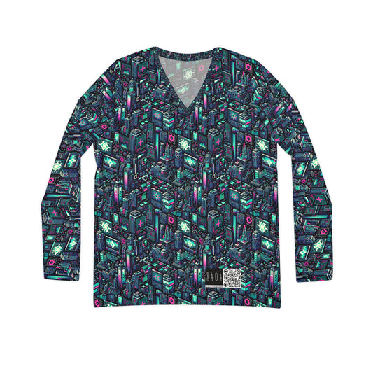 Digital Rebellion Tech-Inspired Streetwear Women's Long Sleeve V-Neck Shirt - 8404 Design-58
