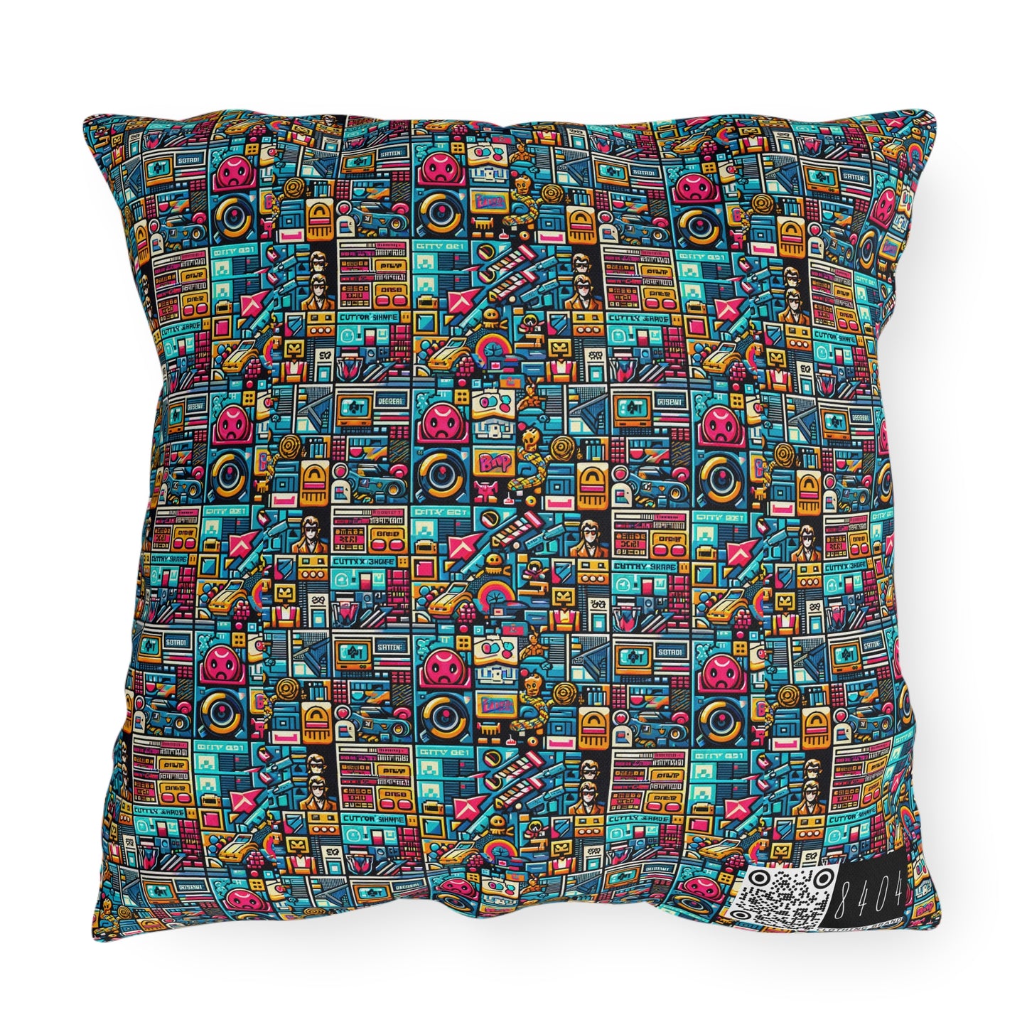 Digital Pop Culture Mashup Maximalist Pop Outdoor Pillow - 8404 Design-47