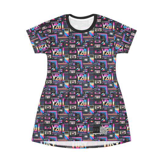Digital Nostalgia Tech-Inspired Retro Fusion T-Shirt Dress - 8404 Design-65