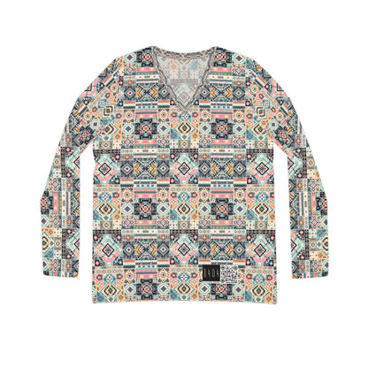 Digital Artisanal Fusion Digital Artisanal Women's Long Sleeve V-Neck Shirt - 8404 Design-55