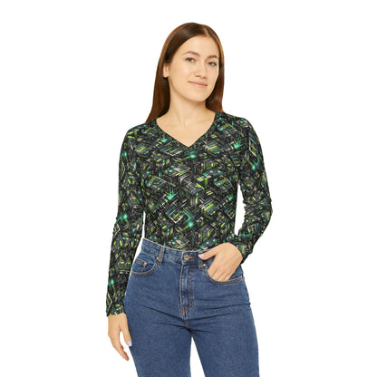 Tech-Infused Graphics Tech-Forward Streetwear Women's Long Sleeve V-Neck Shirt - 8404 Design-47