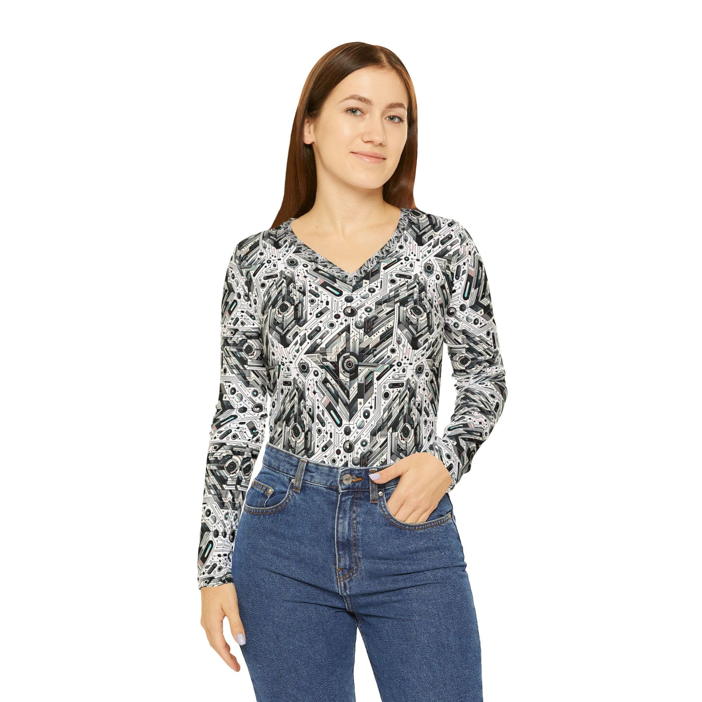 Tech-Infused Streetwear Tech-Forward Minimalism Women's Long Sleeve V-Neck Shirt - 8404 Design-51