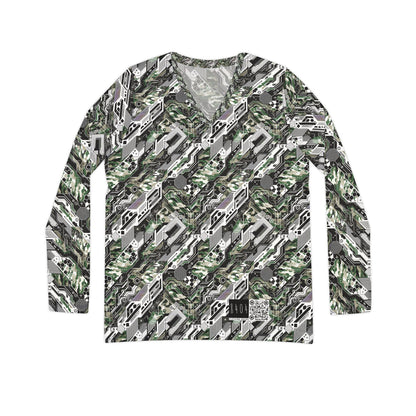 Tech Camo Fusion Tech-Forward Streetwear With a Futuristic Edge Women's Long Sleeve V-Neck Shirt - 8404 Design-46