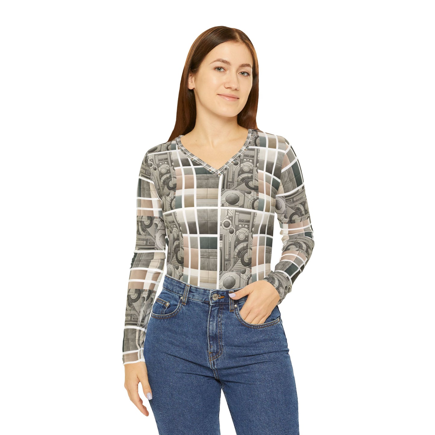 Tech Utility Chic Tech-Forward Minimalist Women's Long Sleeve V-Neck Shirt - 8404 Design-59