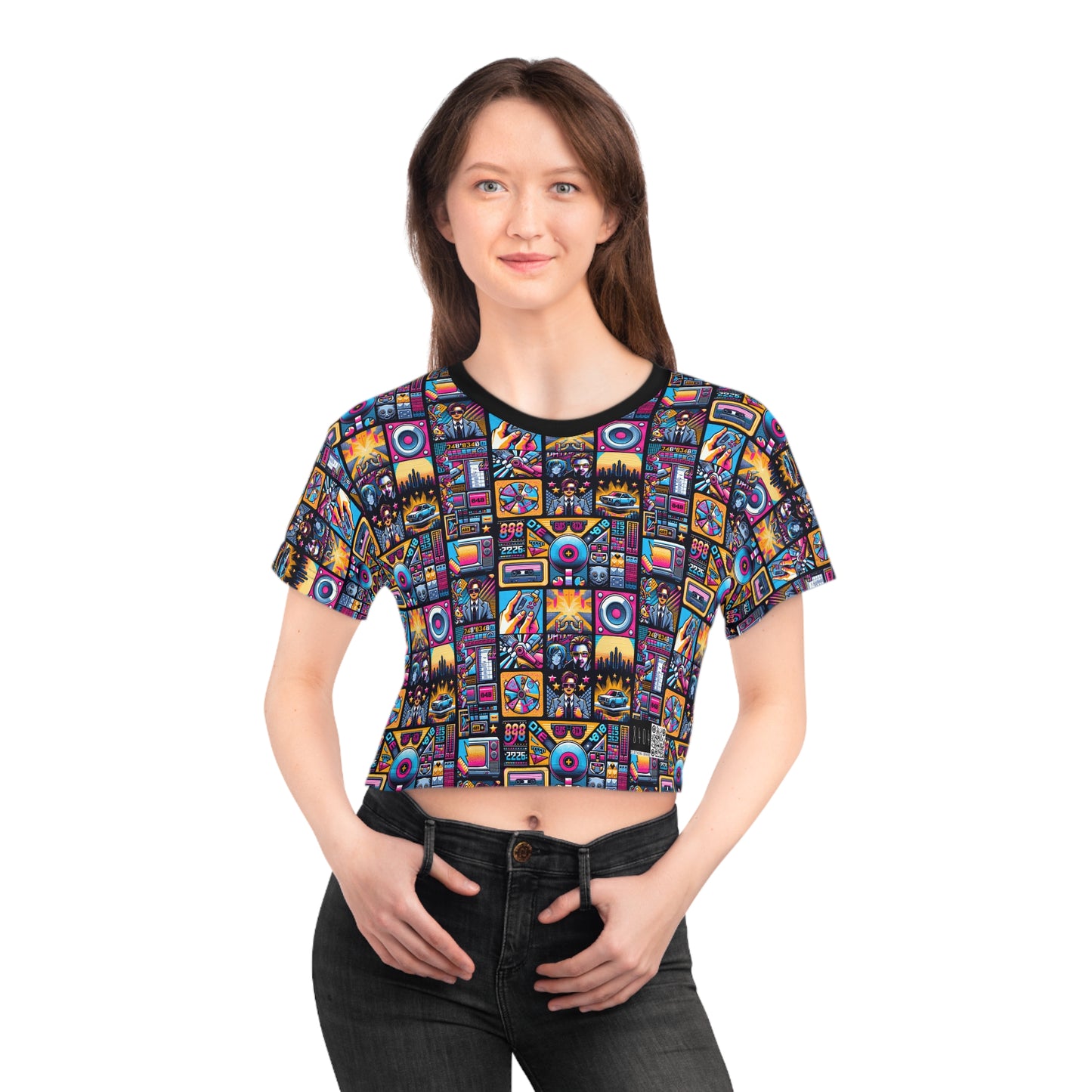 Digital Pop Culture Mashup Maximalist Pop Crop Tee - 8404 Design-52