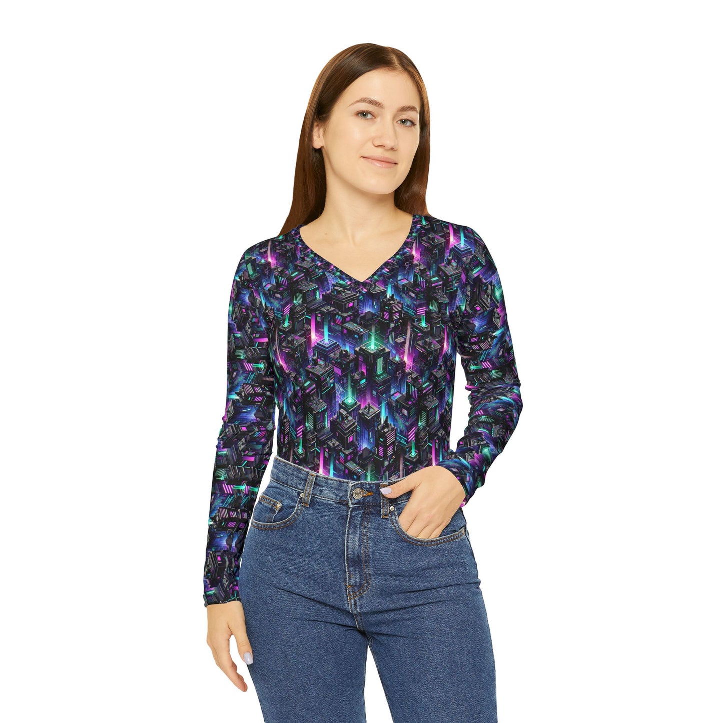Tech Noir Graphics Futuristic Tech Aesthetics Women's Long Sleeve V-Neck Shirt - 8404 Design-55