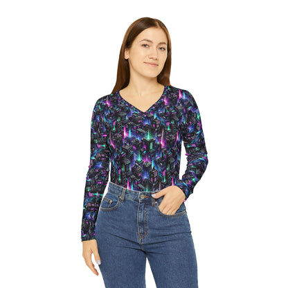 Tech Noir Graphics Futuristic Tech Aesthetics Women's Long Sleeve V-Neck Shirt - 8404 Design-55