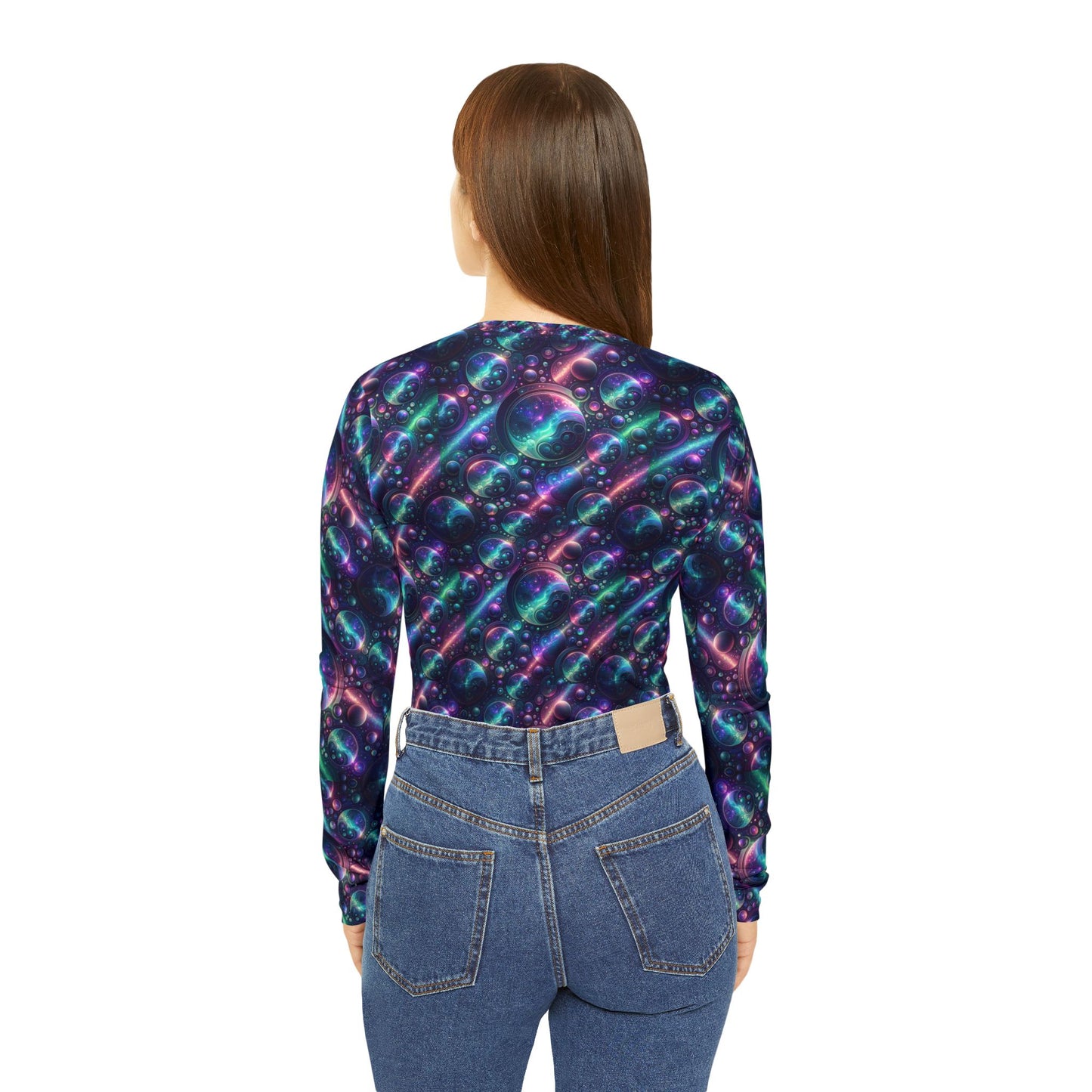 Iridescent Tech Fusion Tech-Forward Streetwear Women's Long Sleeve V-Neck Shirt - 8404 Design-51