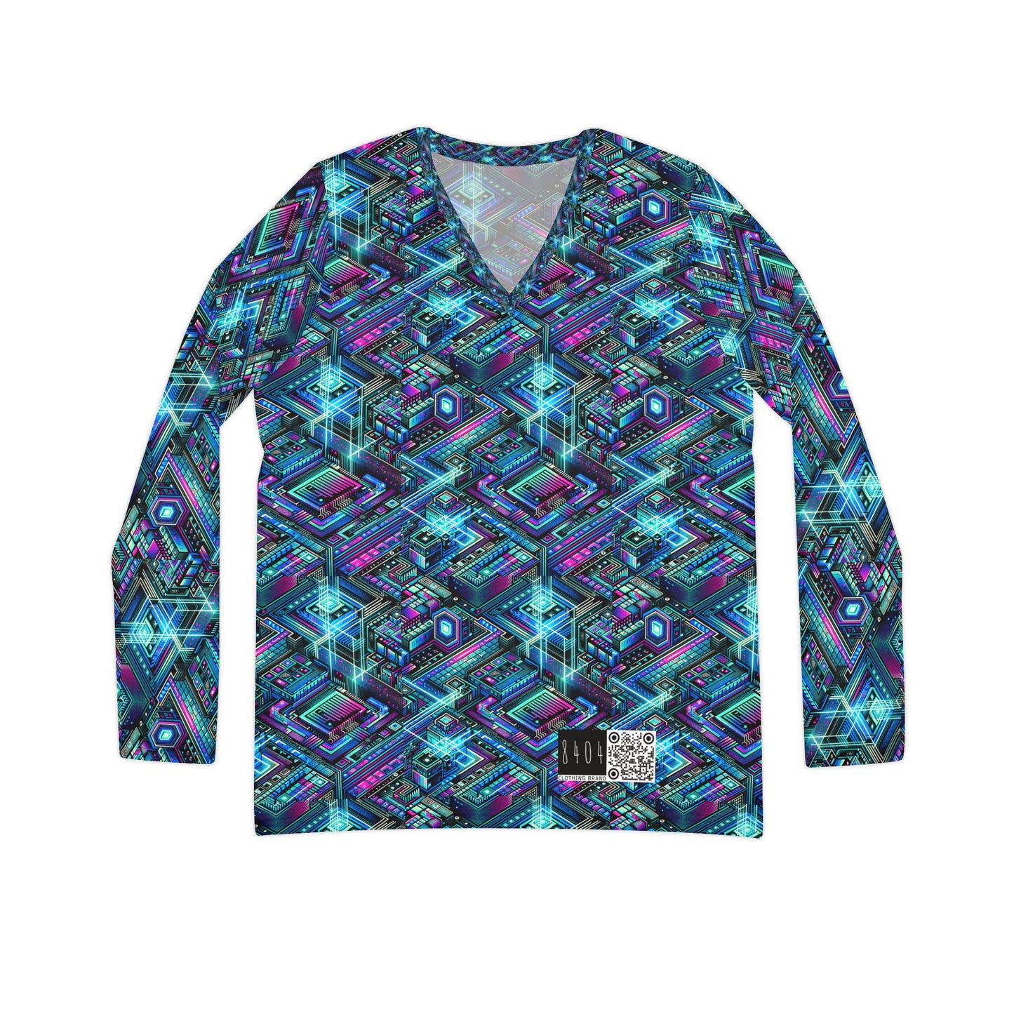 Digital Dreamland Futuristic Tech Aesthetic Women's Long Sleeve V-Neck Shirt - 8404 Design-42