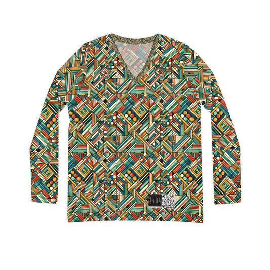 Abstract Graphic Art Modern Artistic Expression Women's Long Sleeve V-Neck Shirt - 8404 Design-67