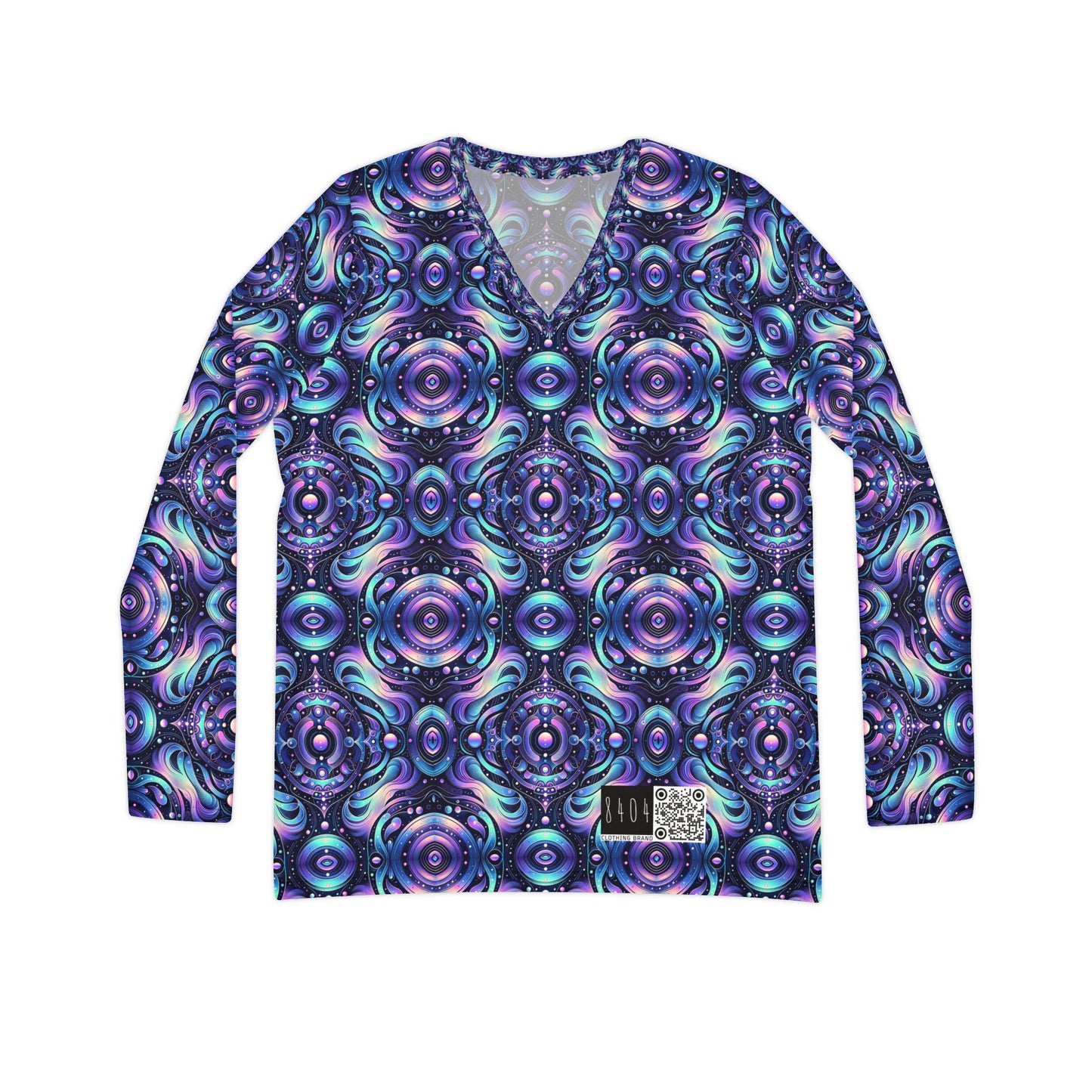 Iridescent Tech Fusion Tech-Forward Streetwear Women's Long Sleeve V-Neck Shirt - 8404 Design-62