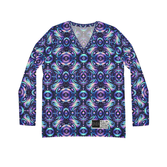Iridescent Tech Fusion Tech-Forward Streetwear Women's Long Sleeve V-Neck Shirt - 8404 Design-62