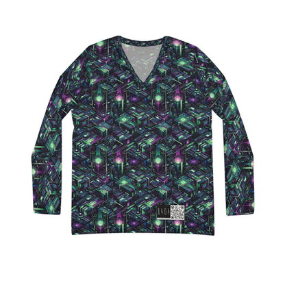 Tech Noir Aesthetics Tech-Forward Urban Dystopia Women's Long Sleeve V-Neck Shirt - 8404 Design-43