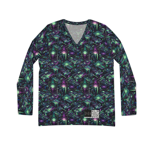 Tech Noir Aesthetics Tech-Forward Urban Dystopia Women's Long Sleeve V-Neck Shirt - 8404 Design-43