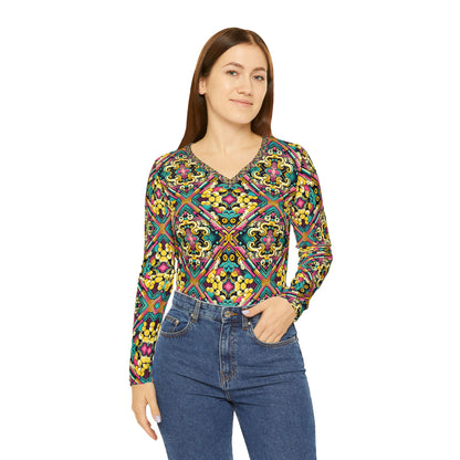 Neon Pop Art Revival Pop Culture Retro Women's Long Sleeve V-Neck Shirt - 8404 Design-59